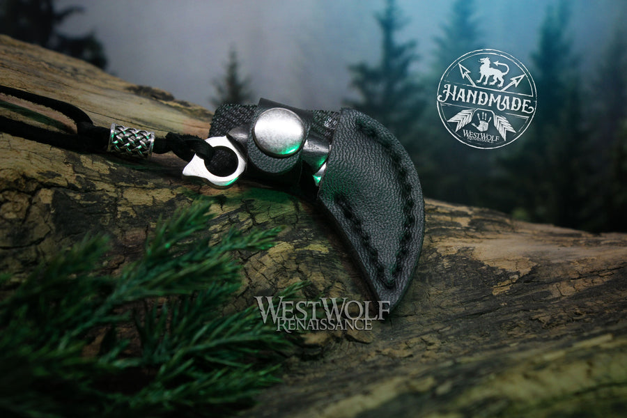 Small Full-Tang Karambit Knife Pendant - Sharp Functional Blade with Leather Sheath and Bead