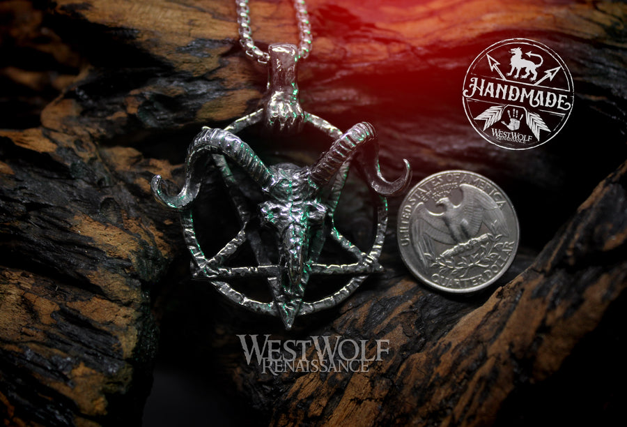 Death Metal Pentagram Symbol Pendant with Baphomet Goat Skull
