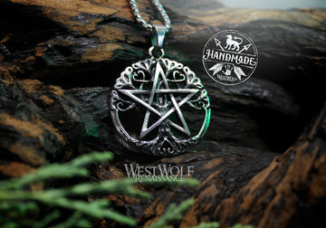 Tree of Life with Pentagram Pendant - Your Choice of Silver, Black, or Gold