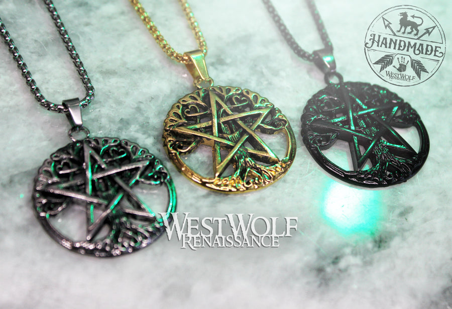 Tree of Life with Pentagram Pendant - Your Choice of Silver, Black, or Gold