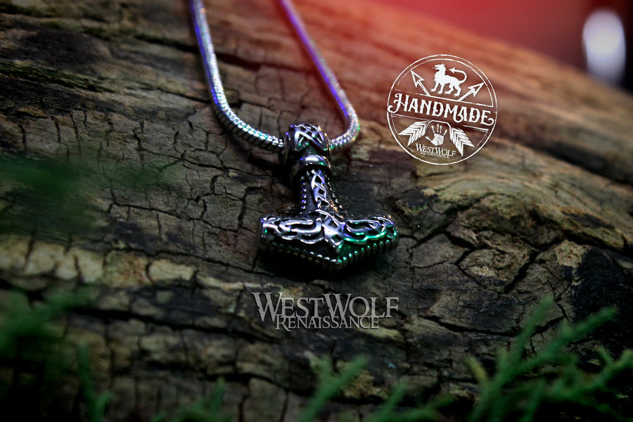 Small Viking Thor's Hammer Mjolnir Pendant with Stainless Steel Rope Chain