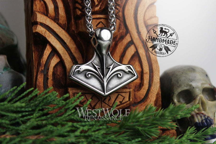 Viking Raven Mjolnir Pendant with Odin's Ravens and Stainless Steel Chain