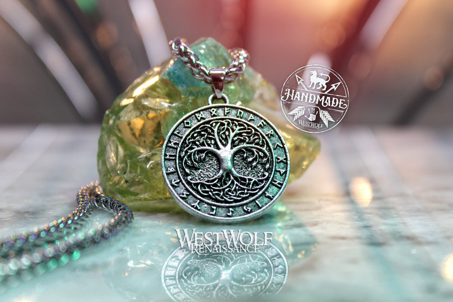 Yggdrasil the World Tree Pendant with Viking Runes and Stainless Steel Chain