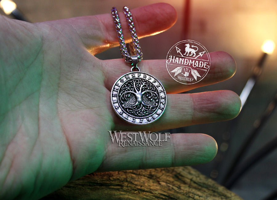 Yggdrasil the World Tree Pendant with Viking Runes and Stainless Steel Chain