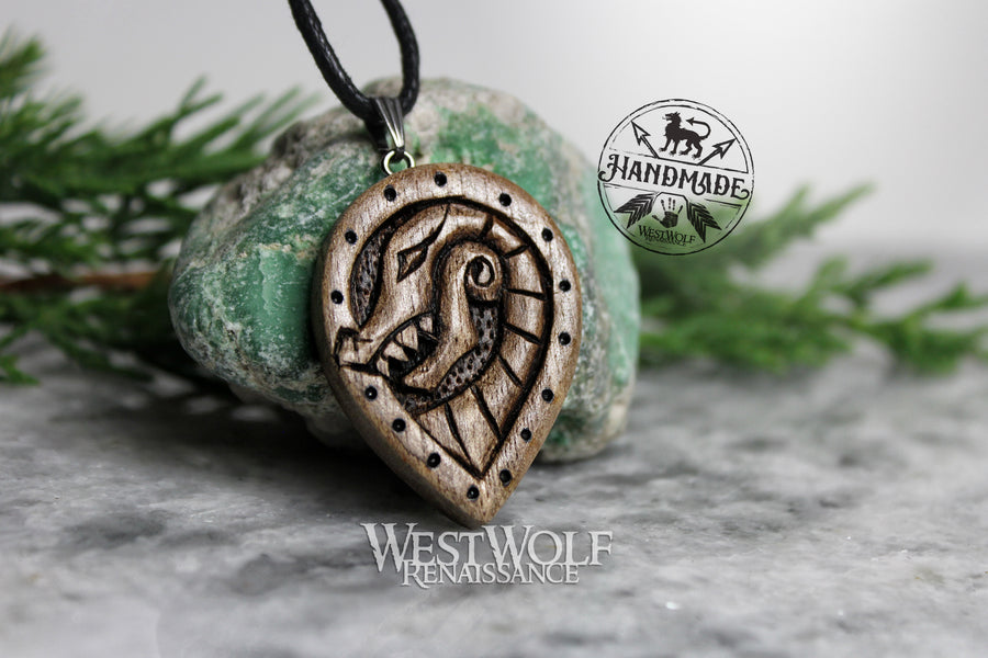 Hand-Carved Viking Dragon Shield Pendant - Made from Walnut Wood