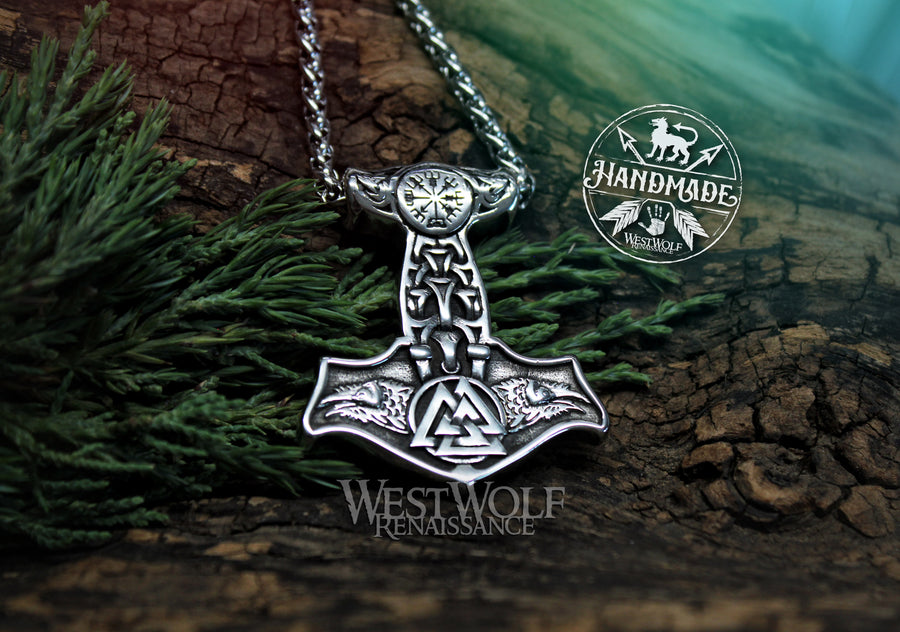 Viking Thor Hammer Pendant with Odin's Ravens, Valknut, and Stainless Steel Chain