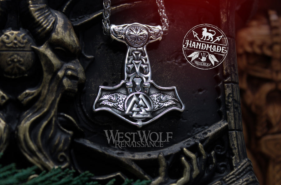 Viking Thor Hammer Pendant with Odin's Ravens, Valknut, and Stainless Steel Chain