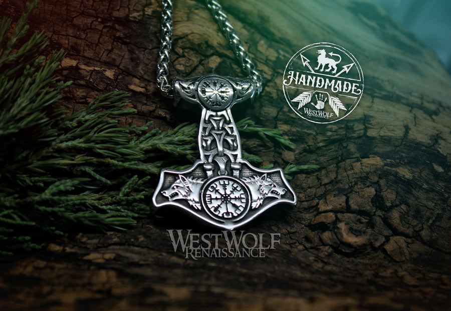 Viking Thor Hammer Pendant with Odin's Wolves, Vegvisir, and Stainless Steel Chain