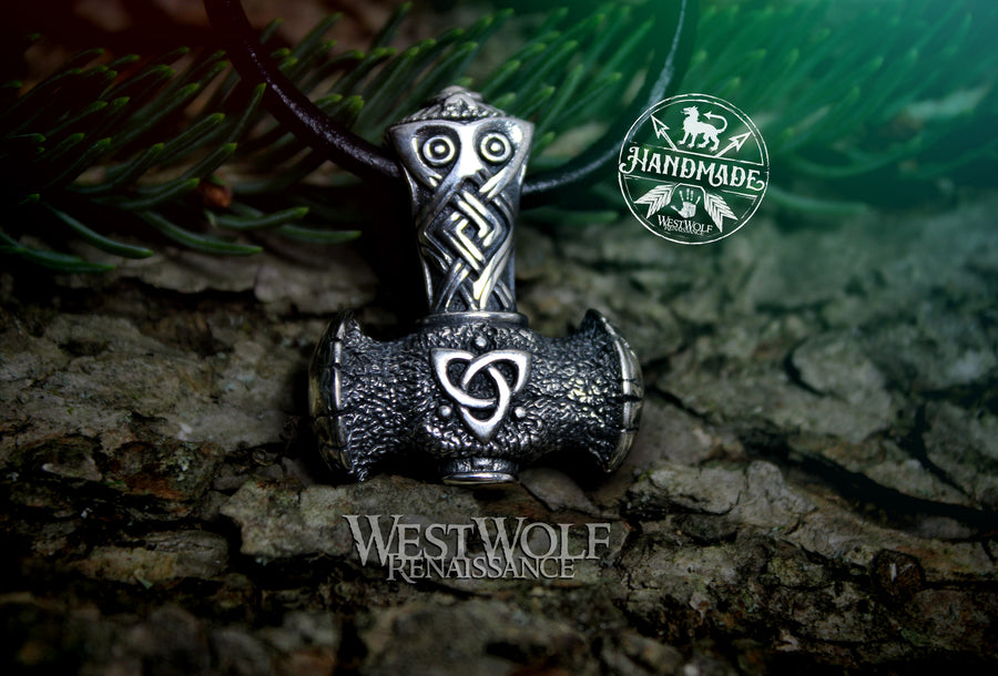 Viking Mjolnir Thor Hammer Pendant with Triquetra and Spiral Design