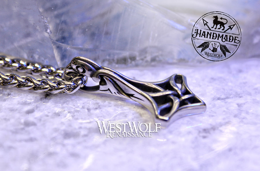 Viking Thor Hammer Pendant with Simple Knot and Raven Design - Includes Stainless Steel Chain
