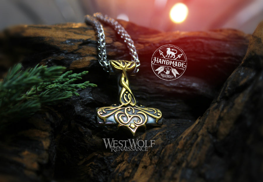 Viking Triskele Thor Hammer Pendant - Choice of Silver or with Gold Accents - Stainless Steel Chain