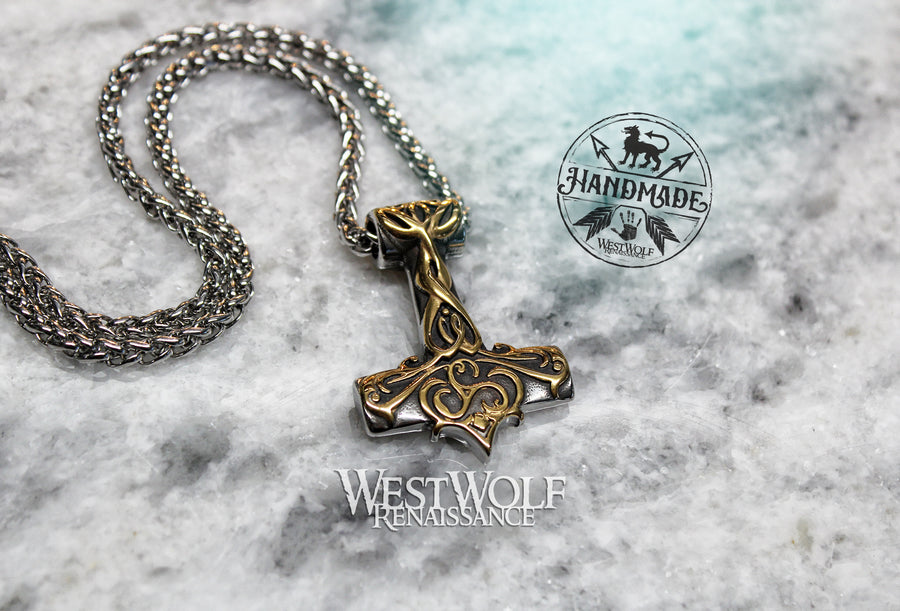 Viking Triskele Thor Hammer Pendant - Choice of Silver or with Gold Accents - Stainless Steel Chain