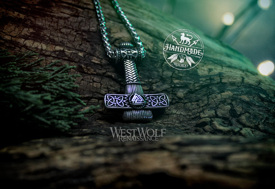 Viking Thor Hammer Pendant with Valknut Symbol and Stainless Steel Chain