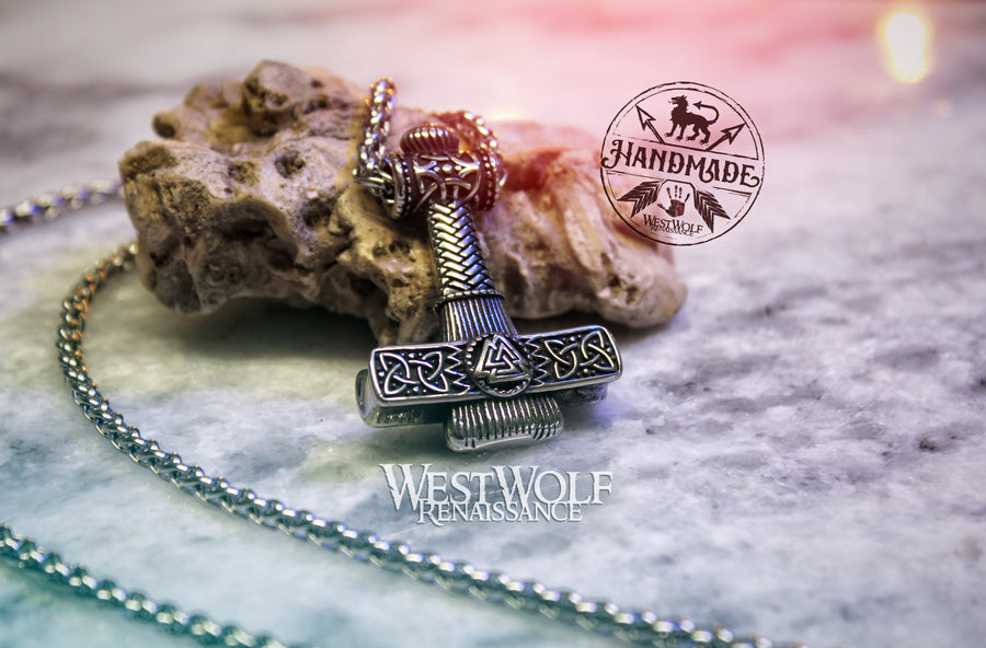 Viking Thor Hammer Pendant with Valknut Symbol and Stainless Steel Chain