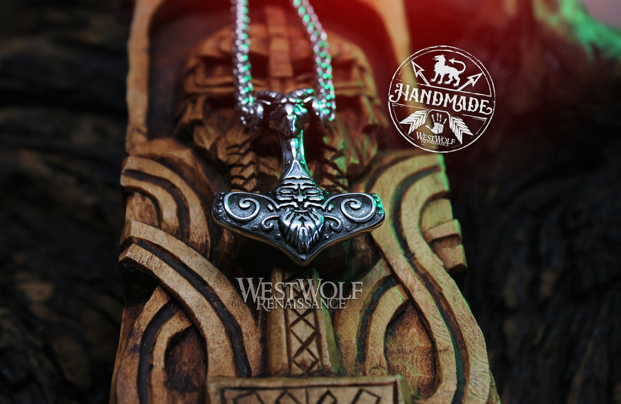 Viking Thor Hammer Pendant with Ram Head, Face of Thor, and Stainless Steel Chain