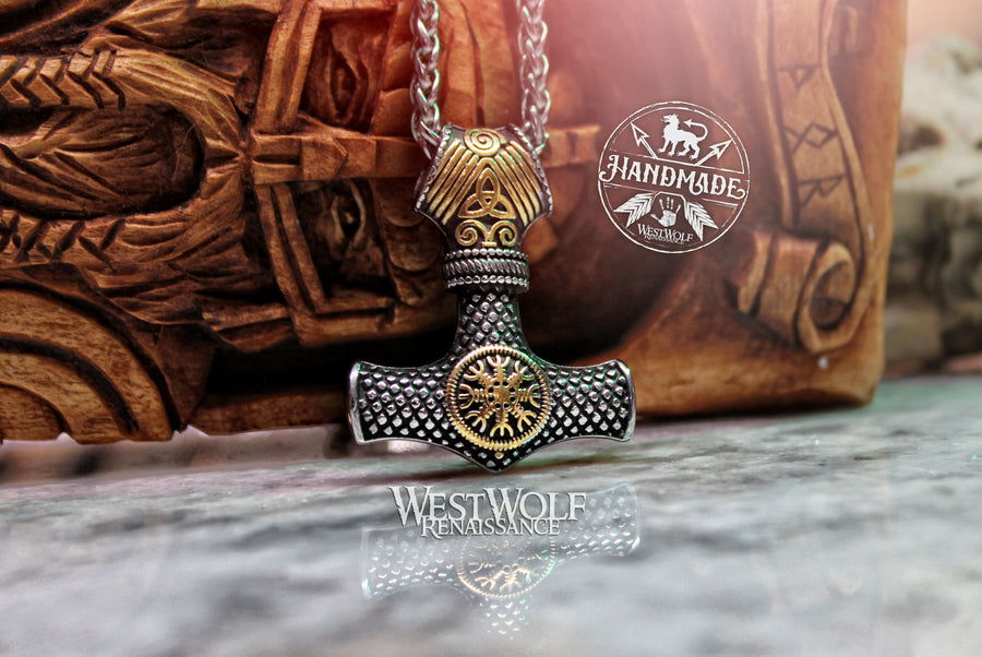 Viking Thor Hammer Pendant with Helm of Awe Protection Rune and Stainless Steel Chain