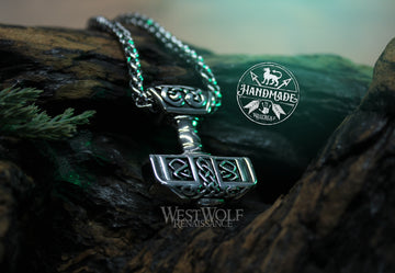 Viking Thor Hammer Pendant with Knotwork Designs - Includes Stainless Steel Chain