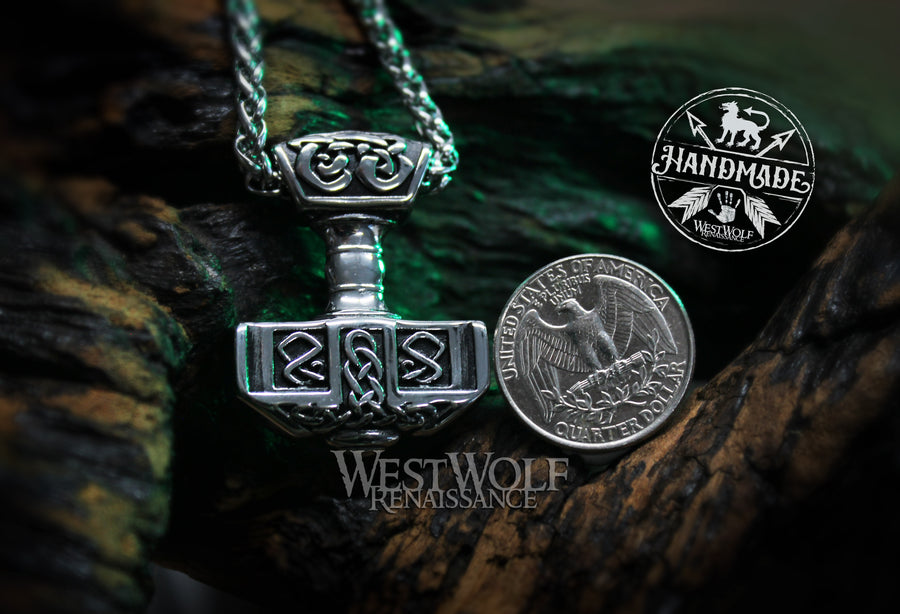 Viking Thor Hammer Pendant with Knotwork Designs - Includes Stainless Steel Chain