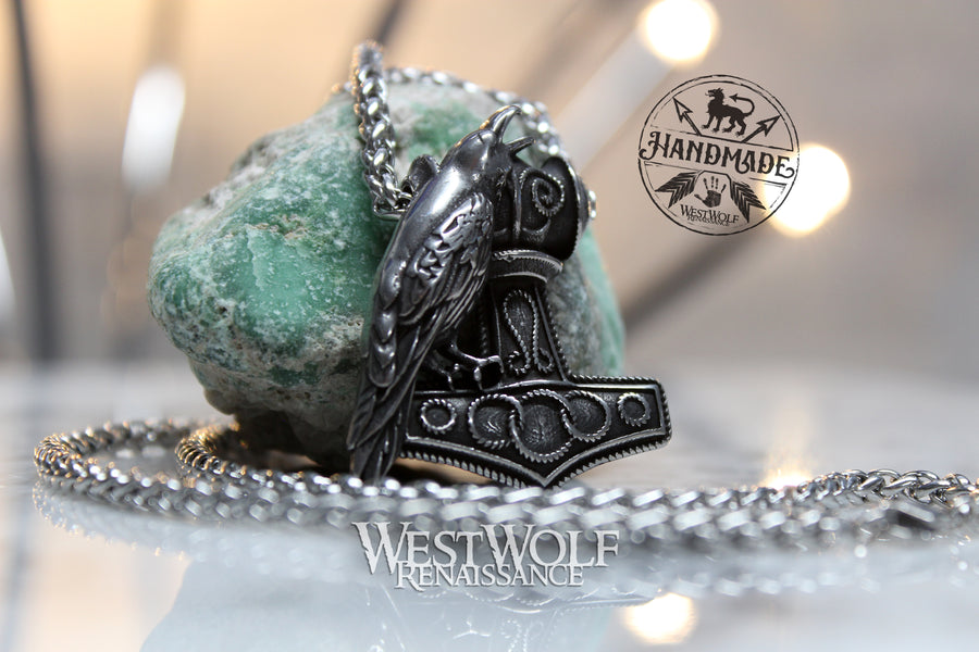 Mjolnir Hammer and Raven Pendant with Custom Chain and Finish Option