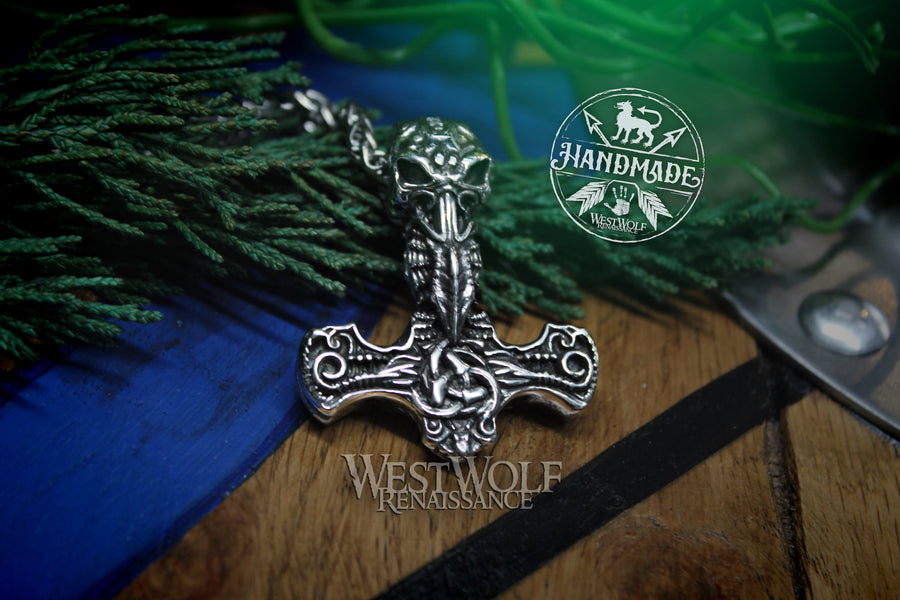 Viking Necromancer Pendant with Skull and Bones Triquetra Design and Stainless Steel Chain