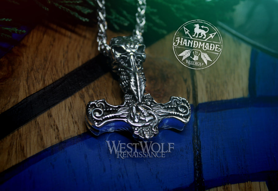 Viking Necromancer Pendant with Skull and Bones Triquetra Design and Stainless Steel Chain