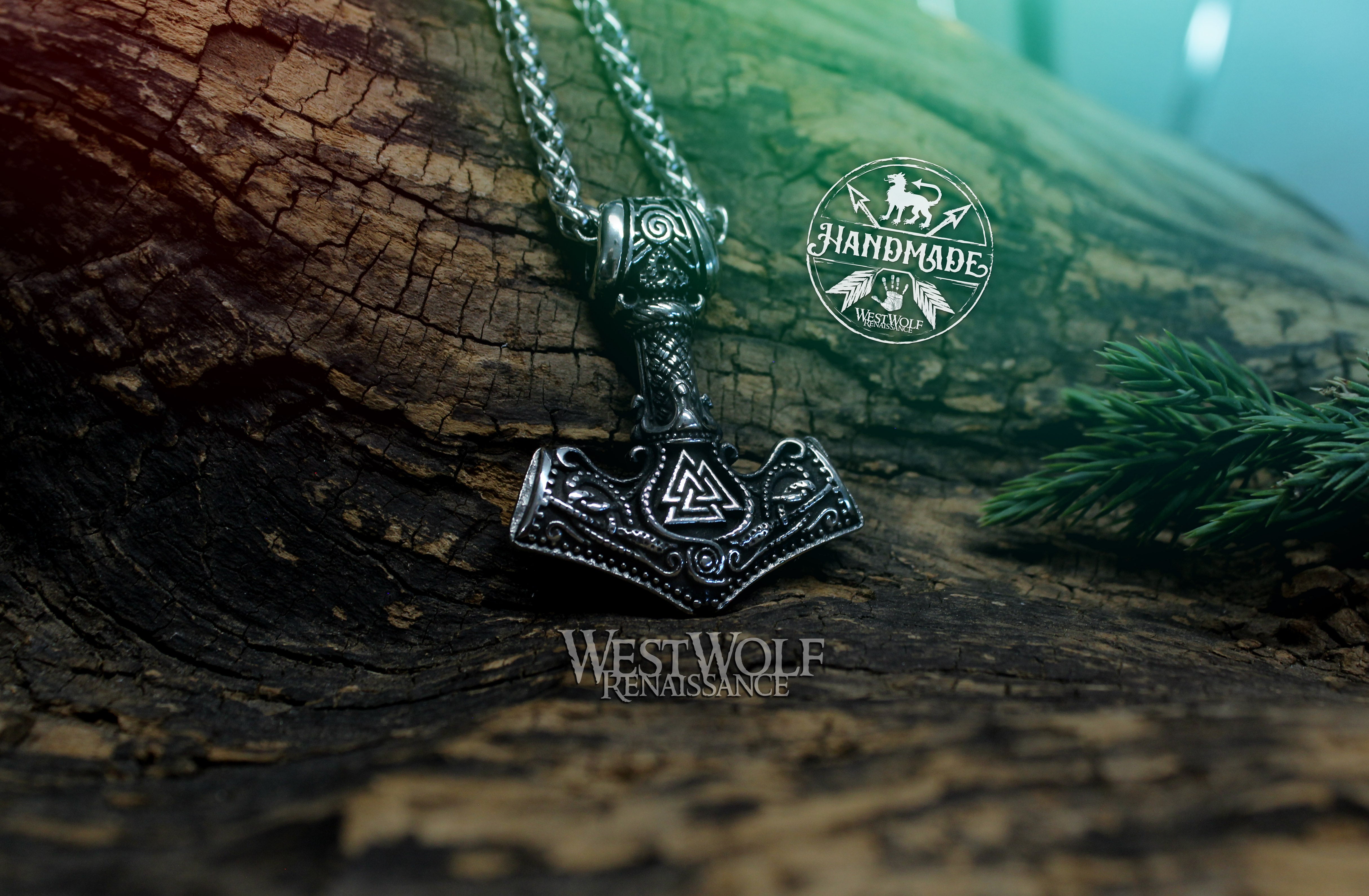 Viking Thor Hammer Pendant with Valknut and Teiwaz Rune - Includes Sta ...