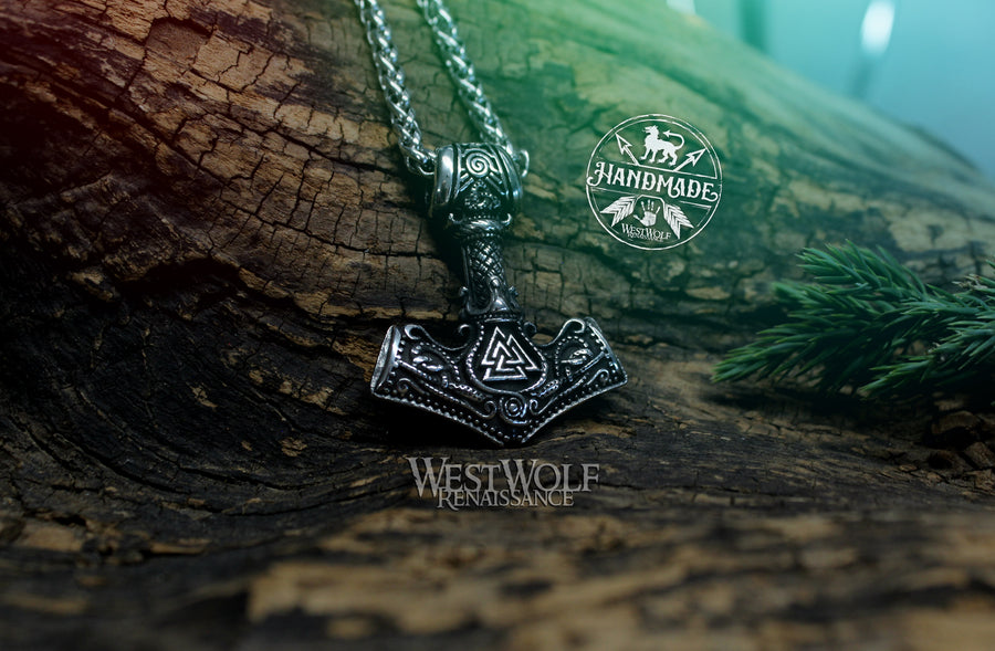Viking Thor Hammer Pendant with Valknut and Teiwaz Rune - Includes Stainless Steel Chain