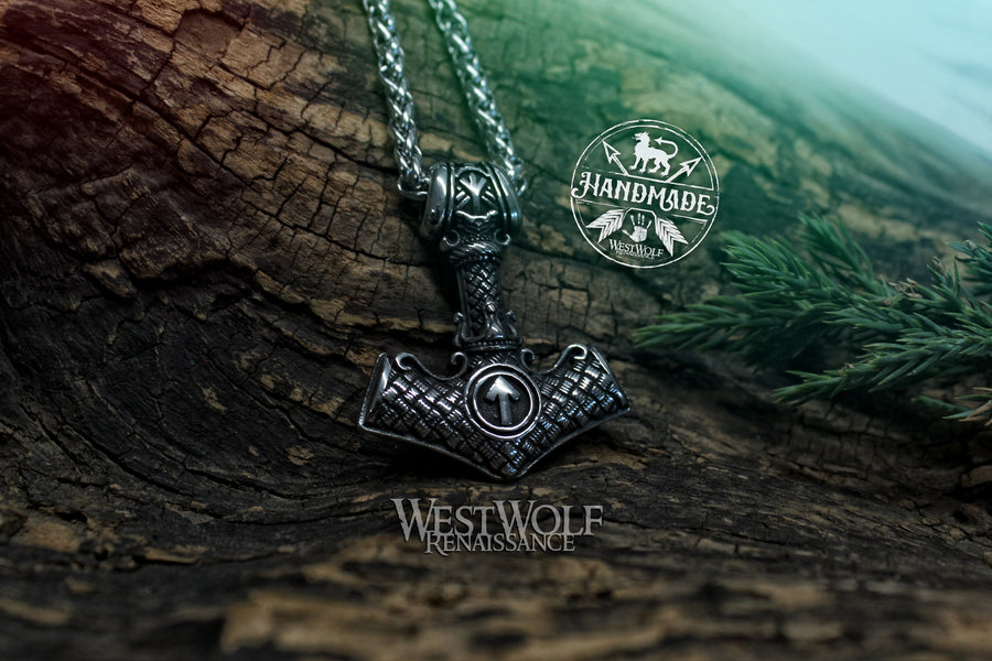 Viking Thor Hammer Pendant with Valknut and Teiwaz Rune - Includes Stainless Steel Chain