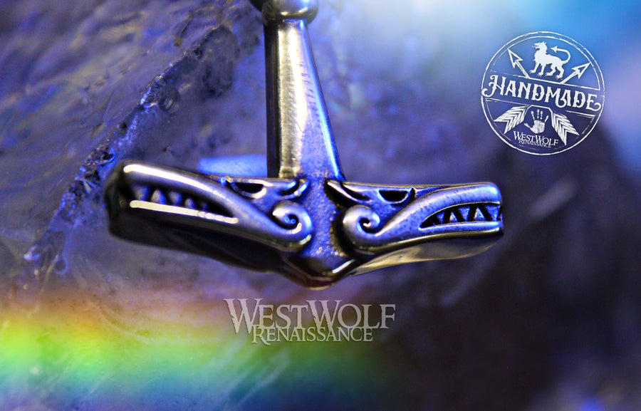 Viking Thor Hammer Pendant with Odin's Wolves - Double-Sided