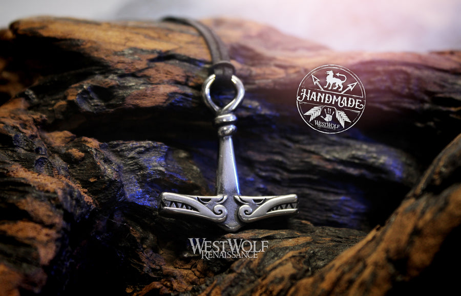 Viking Thor Hammer Pendant with Odin's Wolves - Double-Sided