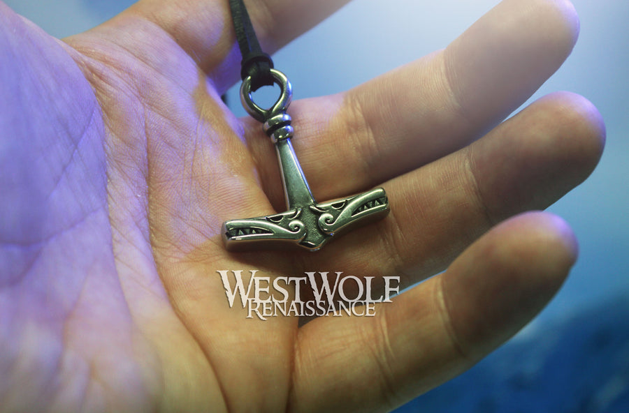 Viking Thor Hammer Pendant with Odin's Wolves - Double-Sided