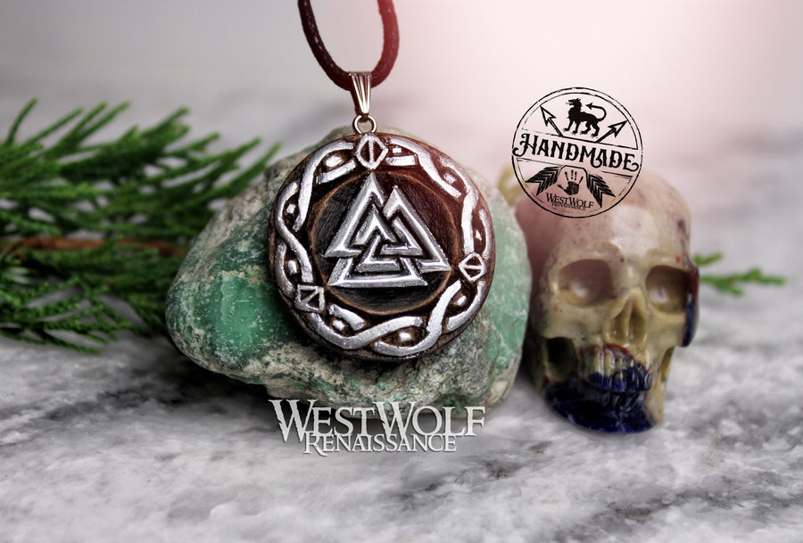 Viking Valknut Pendant Hand-Carved from Walnut - Your Choice of Finish