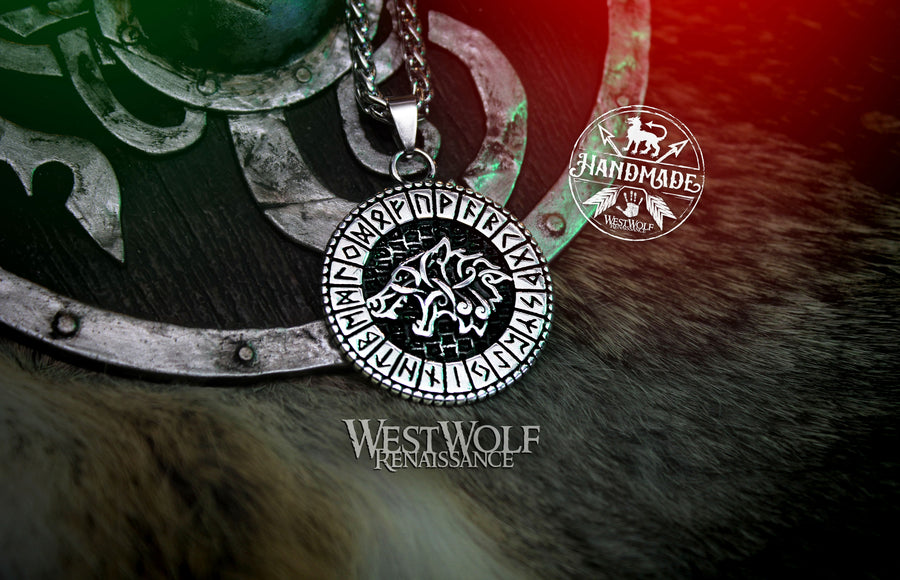 Viking Wolf Pendant with Rune Border and Stainless Steel Chain - Runic Fenrir Amulet