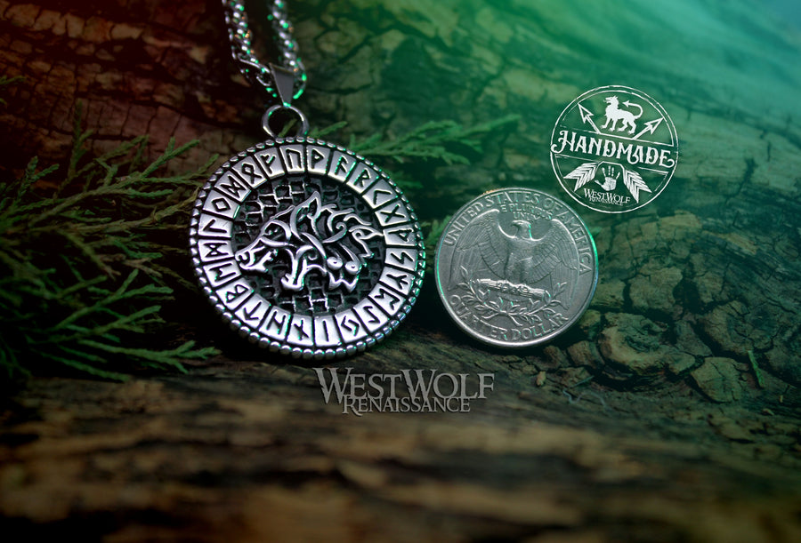 Viking Wolf Pendant with Rune Border and Stainless Steel Chain - Runic Fenrir Amulet