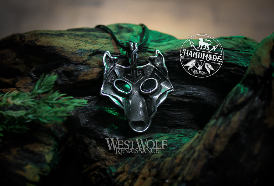 Viking Wolf Head Pendant with Black Stone Eyes