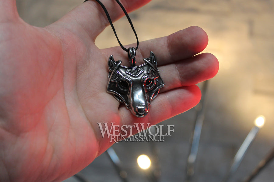 Viking Wolf Head Pendant with Black Stone Eyes