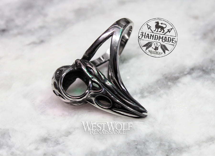 Large Raven Skull Ring in Polished Stainless Steel - US Sizes 7-13