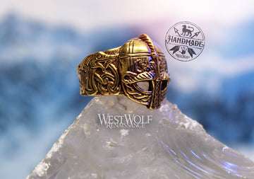 Viking Helmet Ring with Sea Serpent Dragon Band - Made of Fine Bronze