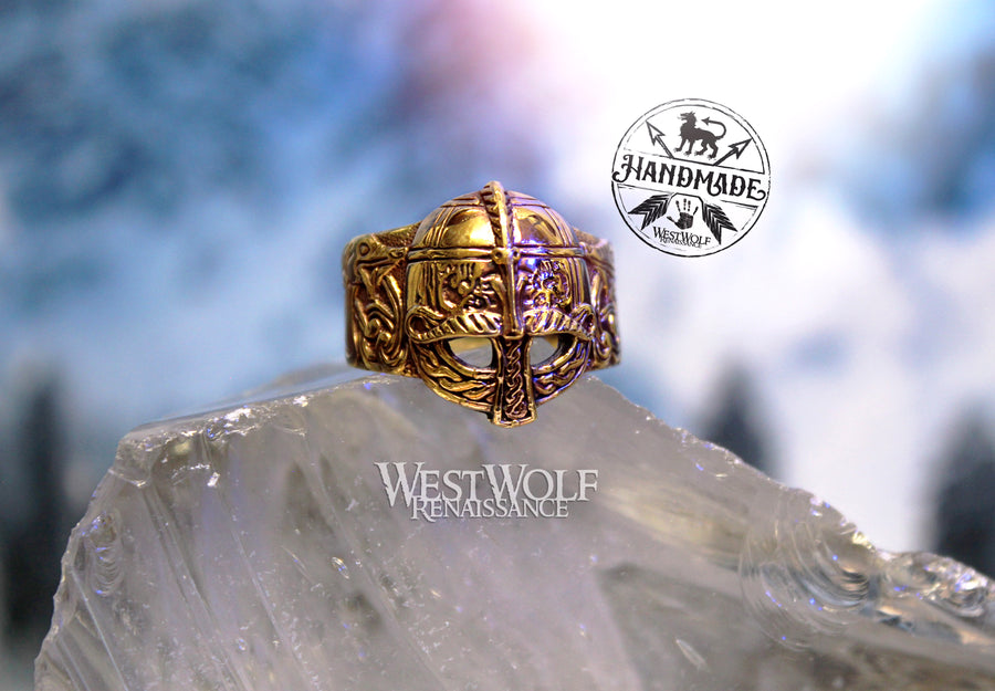 Viking Helmet Ring with Sea Serpent Dragon Band - Made of Fine Bronze