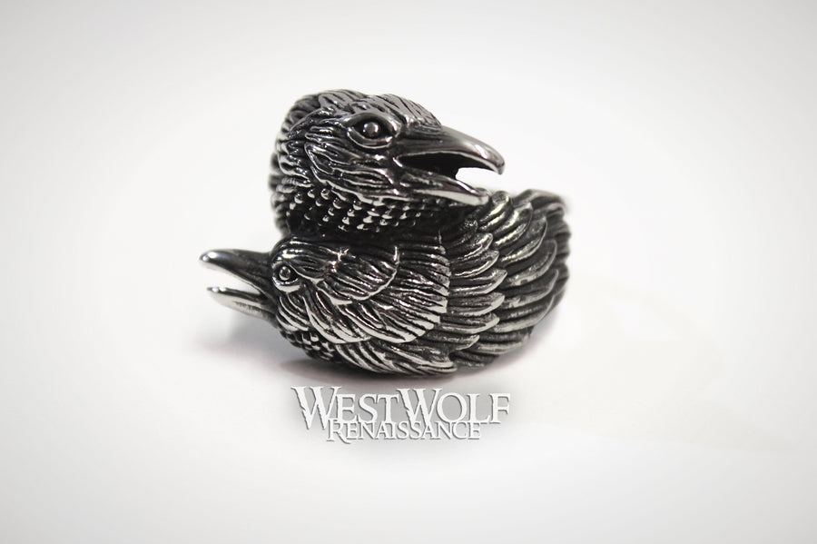 Viking Odin's Ravens Ring - Hugin and Munin - US Sizes 7-13 in Your Choice of Polished or Dark Silver