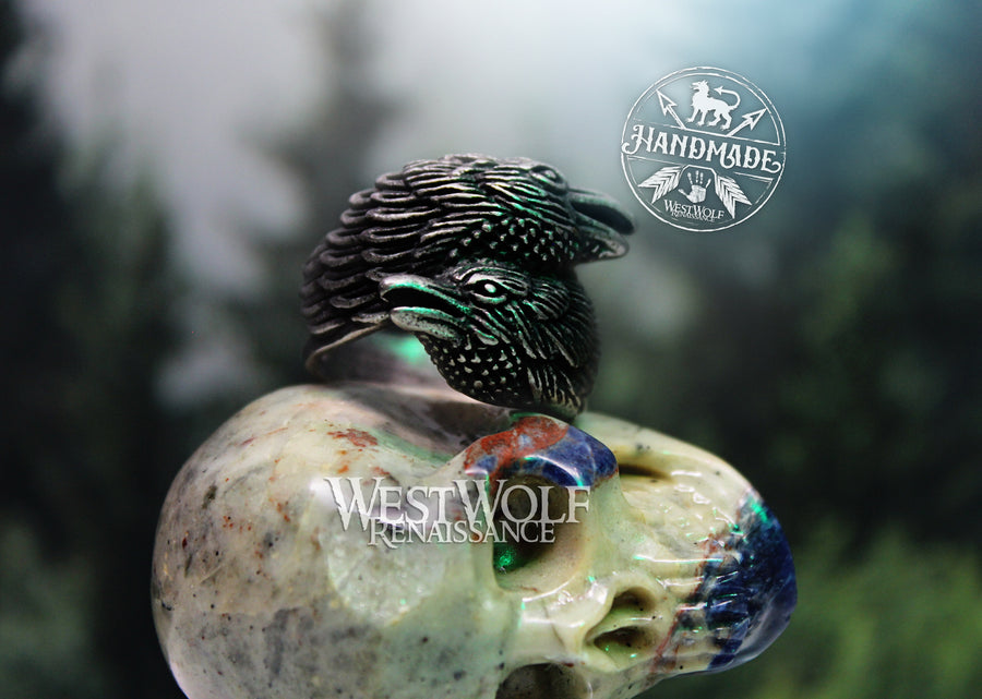 Viking Odin's Ravens Ring - Hugin and Munin - US Sizes 7-13 in Your Choice of Polished or Dark Silver
