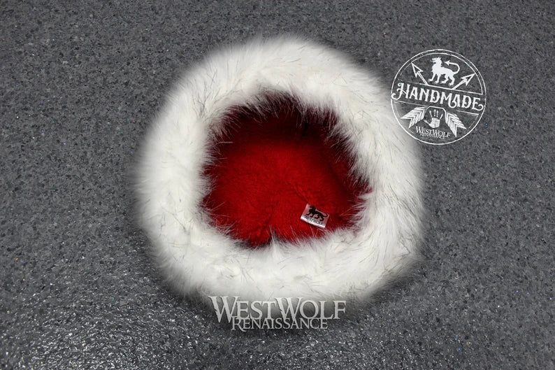 Fur-Trimmed Viking Hat - Thick Red Sherpa Suede Top and White Fur