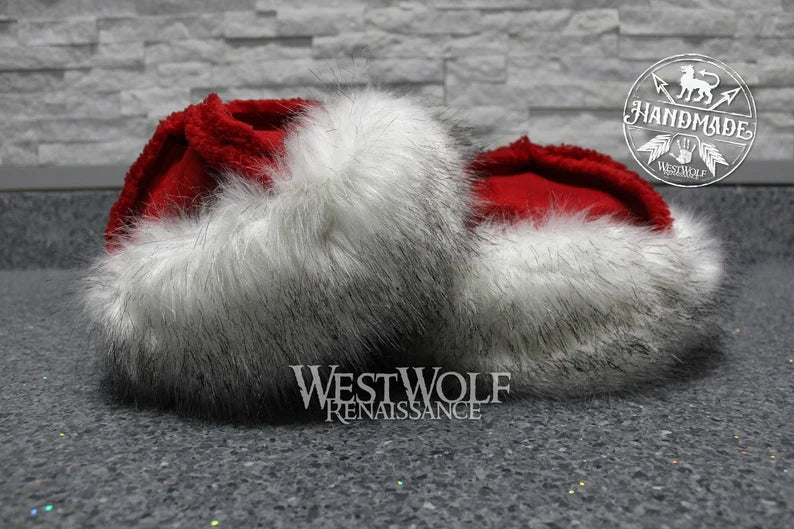 Fur-Trimmed Viking Hat - Thick Red Sherpa Suede Top and White Fur