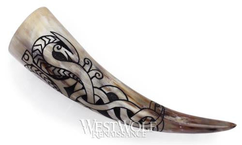 Hand-Carved Viking Dragon Drinking Horn with Forged Iron Stand