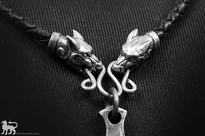 Forged Viking MJOLNIR Thor's Hammer Pendant + Leather Wolf Necklace Norse