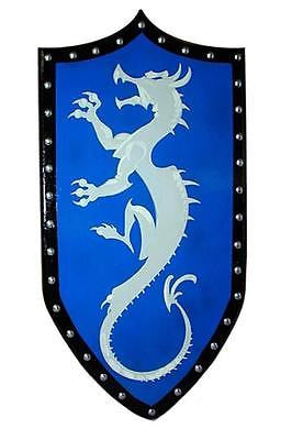 Gothic Wooden Dragon Shield with Blue Background