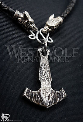 Forged Viking MJOLNIR Thor's Hammer Pendant + Leather Wolf Necklace Norse