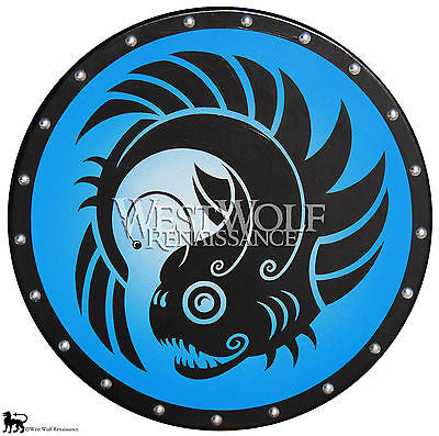 Round Greek Lantern Fish Shield with Blue Fade Background