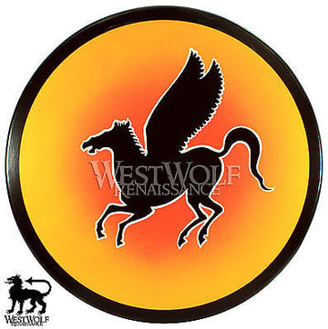 Round Greek Pegasus Shield with Sunburst Background