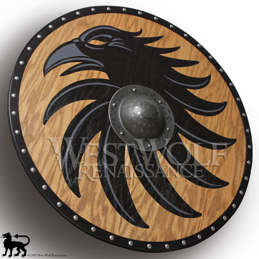 Solid Oak Viking Raven Shield - Forged Iron Boss